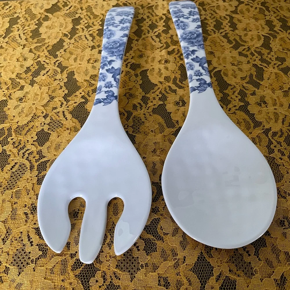 Floral Blue and White Salad Server Set